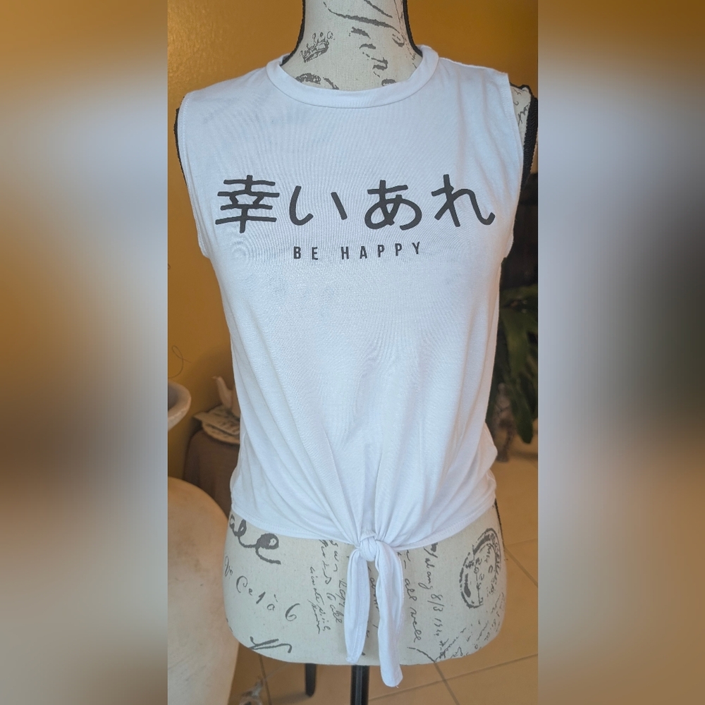 Dirtee Laundry White & Black  "Be Happy" Graphic Front Knot T-shirt Top Size SM